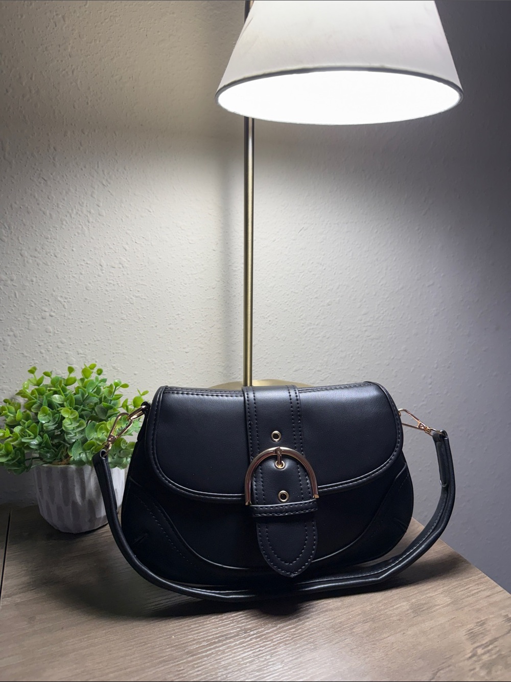 Source Unknown Black Shoulder Bag with Gold Buckle Accent
